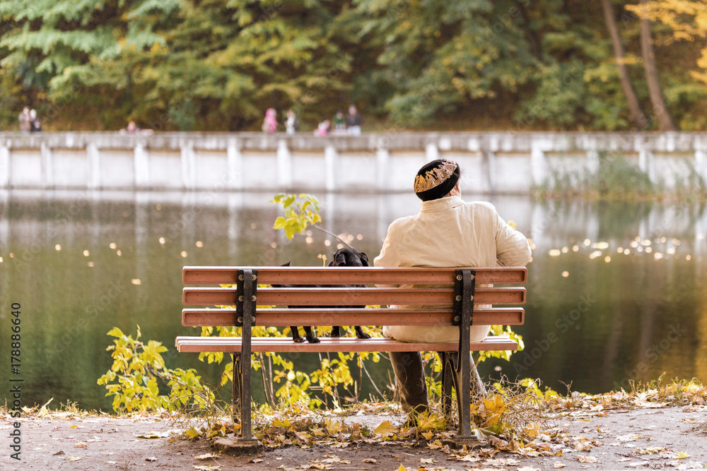 Lonely senior woman with a small black dog sitting on a bench by the autumn lake or river in a city park. Relaxation. Loneliness concept Lonely senior woman with a small black dog sitting on a bench by the autumn lake or river in a city park. Relaxation. Loneliness concept