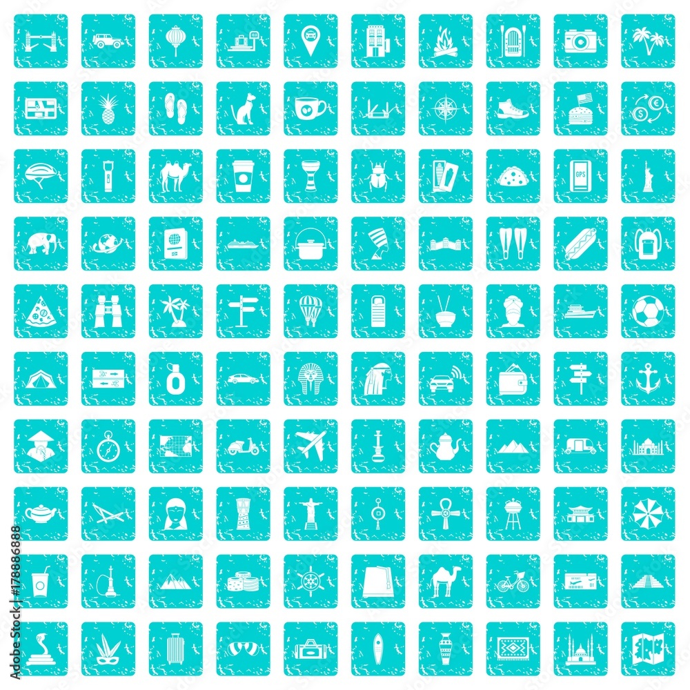 100 tourism icons set grunge blue 100 tourism icons set grunge blue