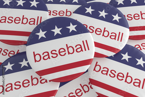 USA Sports Badges: Pile of Baseball Buttons With US Flag, 3d illustration © cbies