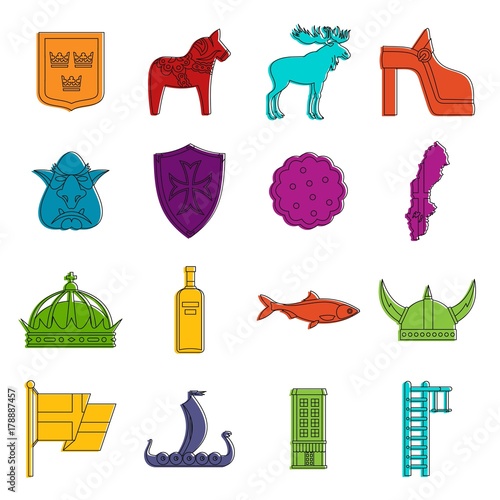 Photography Sweden travel icons doodle set
