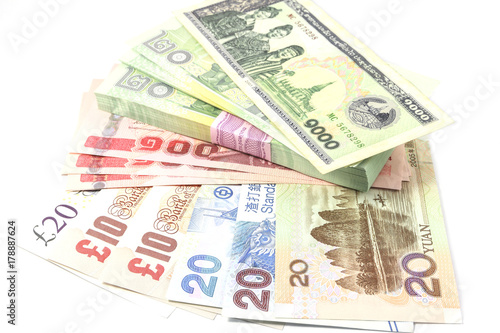 United Kingdom Pound Sterling, Thailand Baht, Chinese Yuan and Lao Kib Banknote.