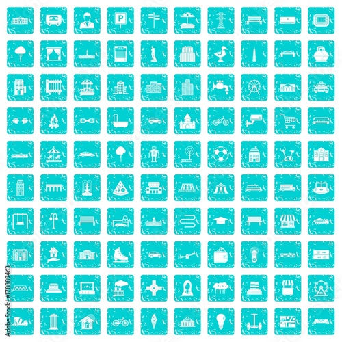 100 urban icons set grunge blue
