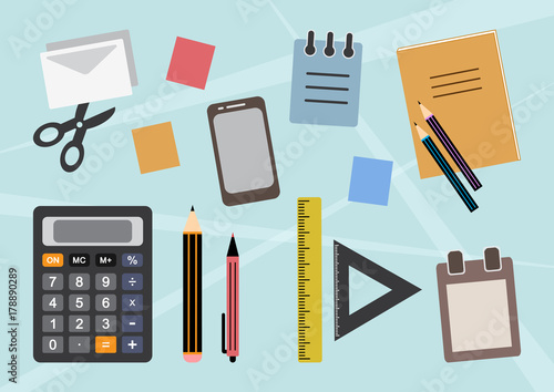 Colorful background with stationery, office or school supplies. Vector illustration