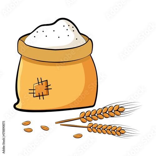 Bag of flour with wheat spikes and grains. Vector illustration photo