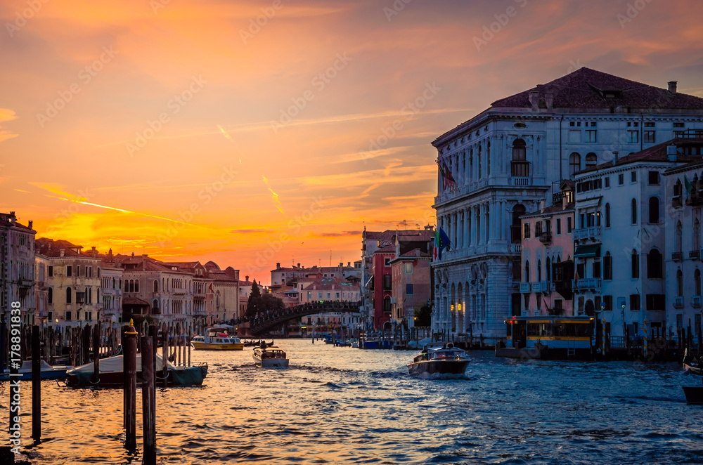 Panoramic sunset view of famous Grand Canal in Venice, Italy