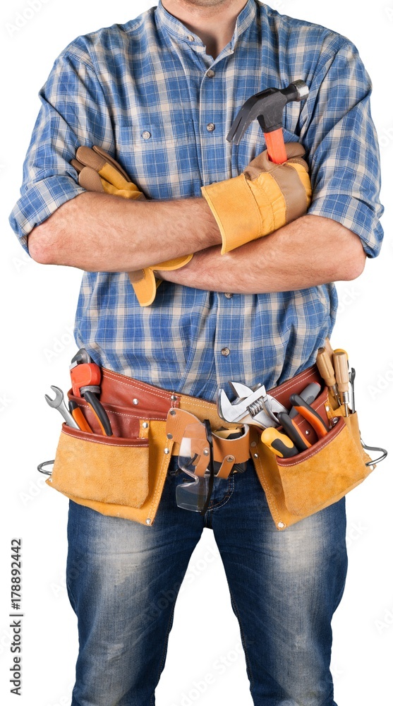 Worker with a tool belt isolated on white background
