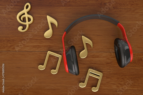 Music notes and headphone on wood board.3D illustration.