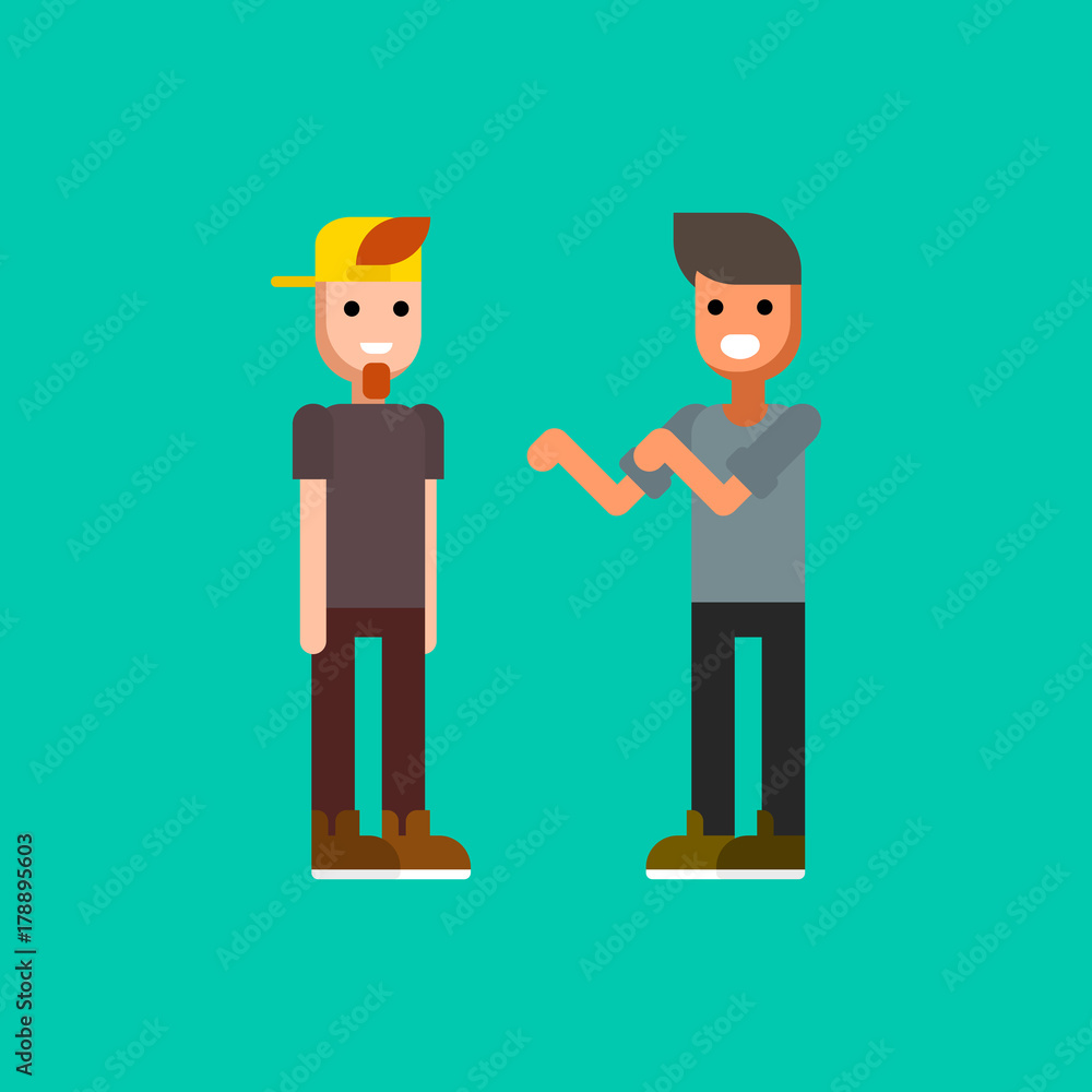 Two young men dressed in modern clothing talking to each other. Rap or hip hop battle. Pair of male cartoon characters isolated on green background. Colorful vector illustration in flat style. Two young men dressed in modern clothing talking to each other. Rap or hip hop battle. Pair of male cartoon characters isolated on green background. Colorful vector illustration in flat style.