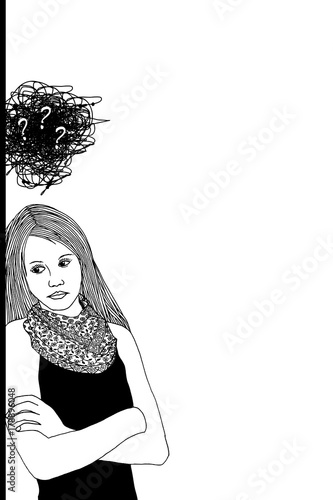 Sad woman leaning against a wall, black and white illustration with space for text