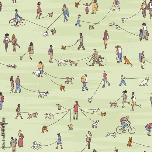 Seamless pattern with tiny people walking their dogs