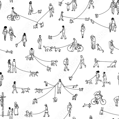 Seamless pattern with tiny people walking their dogs, black and white outline ink illustration