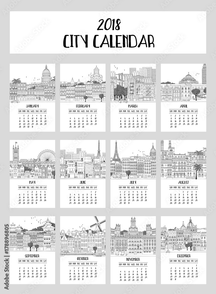 Calendar for 2018 with a collection of big cities, hand drawn ink illustrations