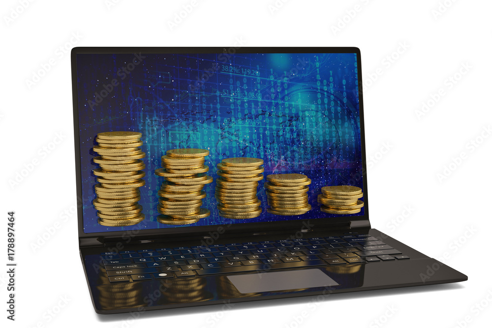 Laptop and gold coin stacks on white background.3D illustration. Laptop and gold coin stacks on white background.3D illustration.