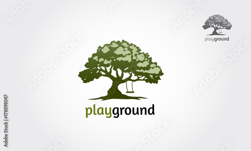 Playground Logo Template. tree with a child play the swing under the tree, this logo symbolize a protection, peace,tranquility, growth, and care or concern to development, vector logo illustration