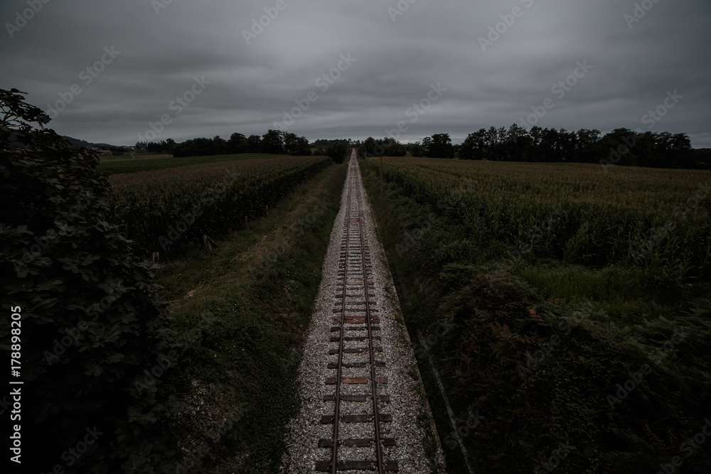 Long parallels of railway running away in countryside in gloomy dark day.  