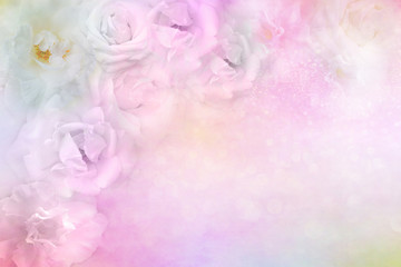 beautiful white pink roses flower border on soft glitter background for valentine or wedding card in pastel tone ,copy space for text 