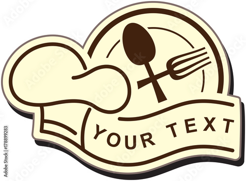 Restaurant logo with plate, spoon, fork, chef hat, and banner for your company text.