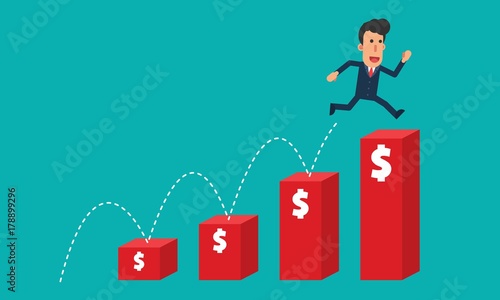 Businessman jump over to the top red bar charts dollar money simple cartoon character vector illustration in flat modern design isolated in turquoise background