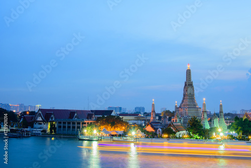 Arun temple famous tourist attraction in twilight time with light trails.Bangkok Thailand. © thatreec