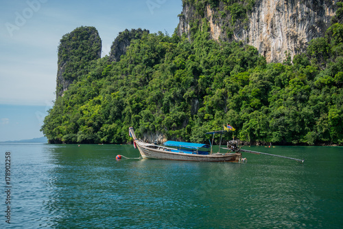 Krabi, Thailand - October 21, 2017 : The long tail boat for send the tourists in Krabi island, Thailand.