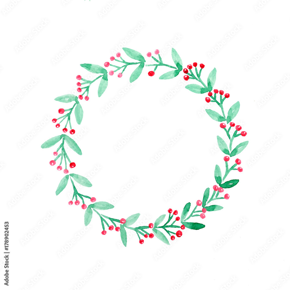 Christmas wreath watercolor drawing on white paper background, Christmas greeting card background Christmas wreath watercolor drawing on white paper background, Christmas greeting card background