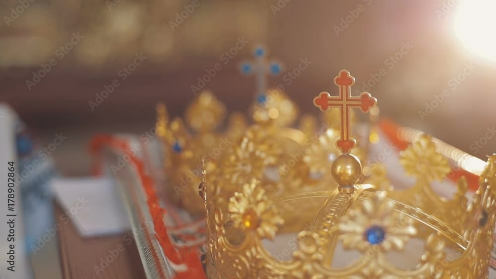 Crowns in the church are on the table. Close up shot. Saint Josaphat's Ukrainian Catholic Cathedral Crowns in the church are on the table. Close up shot. Saint Josaphat's Ukrainian Catholic Cathedral