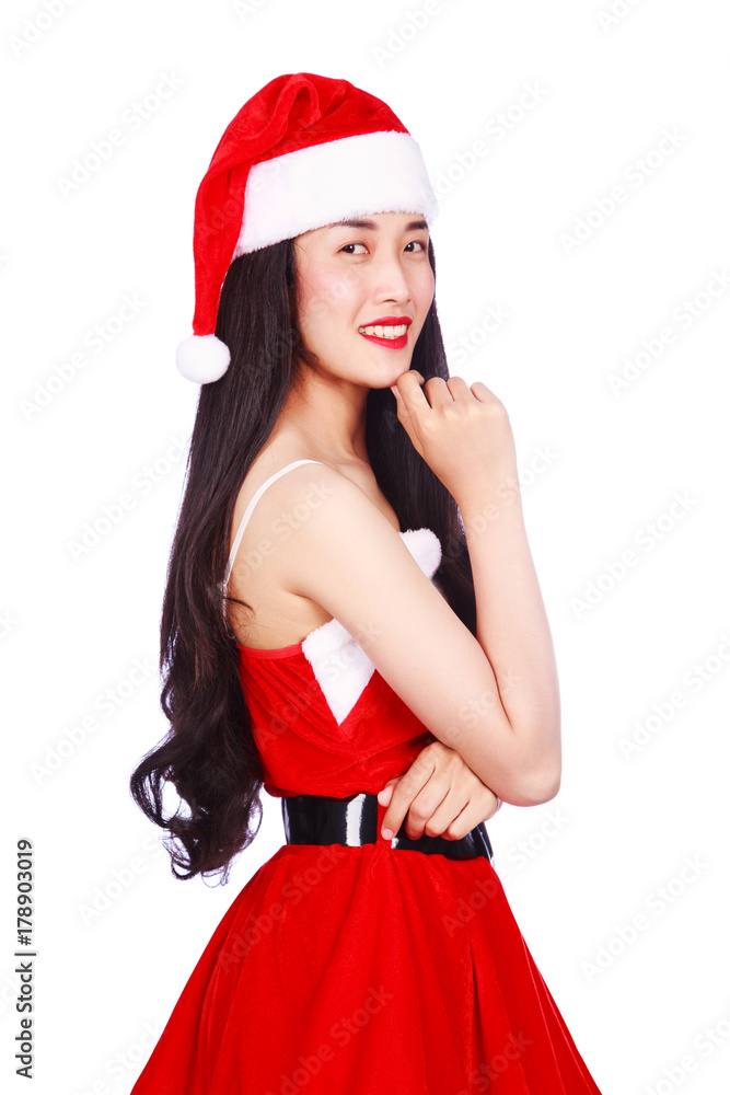 woman thinking in Santa Claus clothes isolated on white background woman thinking in Santa Claus clothes isolated on white background