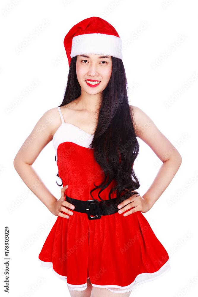 happy woman in Santa Claus clothes isolated on white background happy woman in Santa Claus clothes isolated on white background
