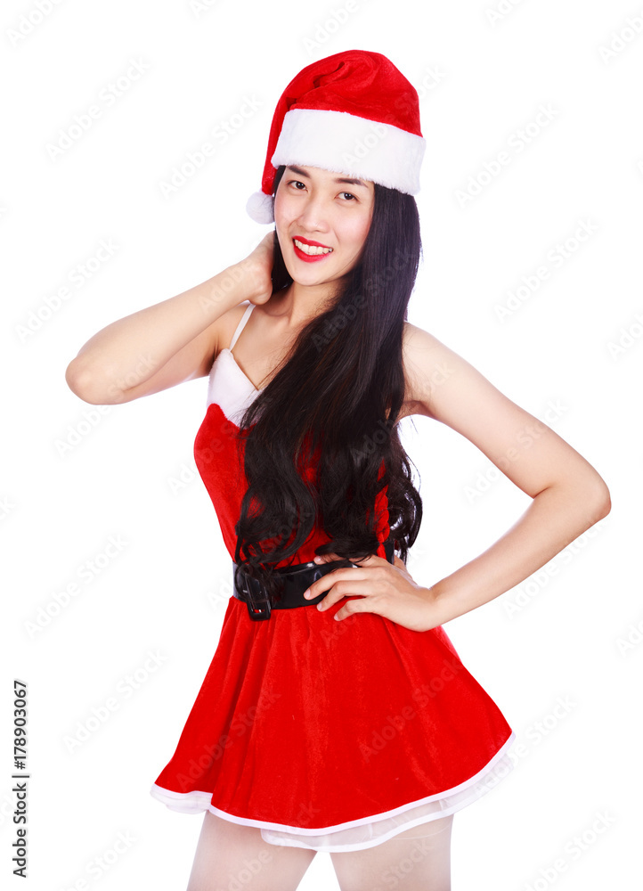 happy woman in Santa Claus clothes isolated on white background happy woman in Santa Claus clothes isolated on white background