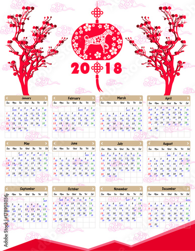 Lunar calendar, Chinese calendar for happy New Year 2018 year of the dog. photo