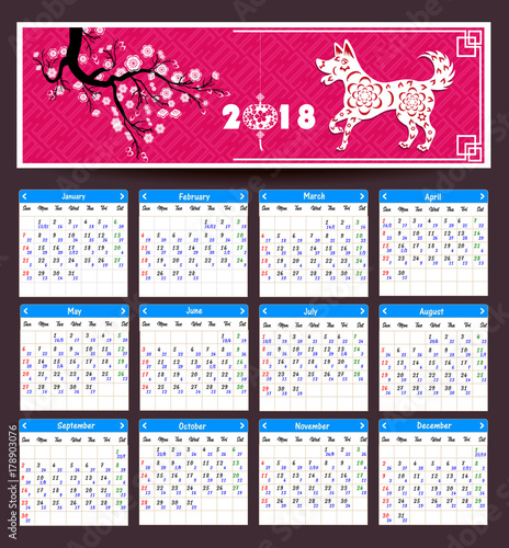 Lunar calendar, Chinese calendar for happy New Year 2018 year of the dog.