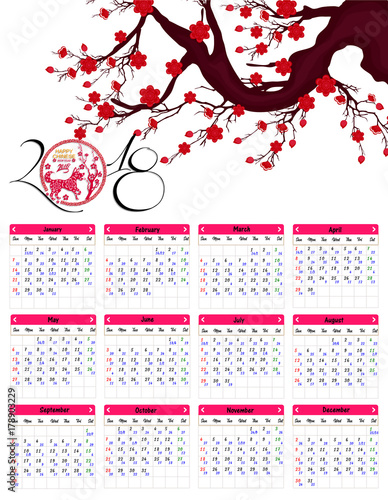 Lunar calendar, Chinese calendar for happy New Year 2018 year of the dog. photo