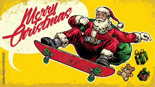 Santa claus ride skateboard in hand drawing style