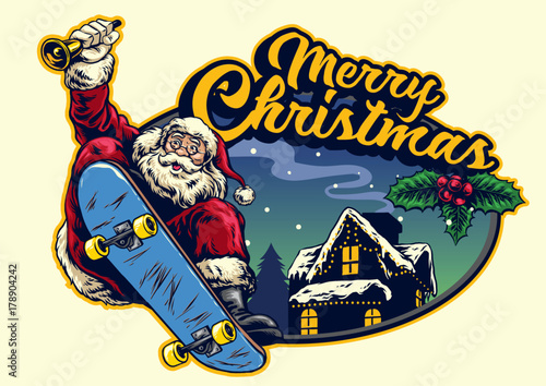santa claus rid eskateboard with christmas greeting