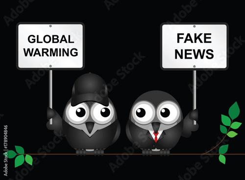 Protestor demonstrating against global warming and a fake news denialist