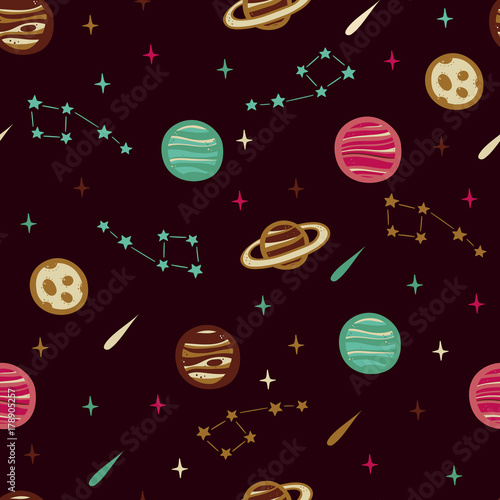 Seamless Space Pattern with Planets, Stars and etc