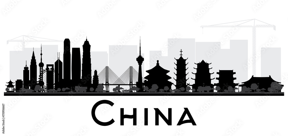 China City skyline black and white silhouette.