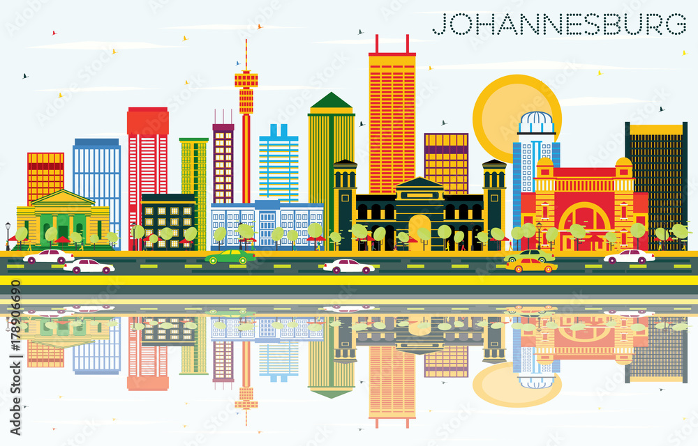 Fototapeta premium Johannesburg Skyline z kolorowymi budynkami, błękitnym niebem i odbiciami.