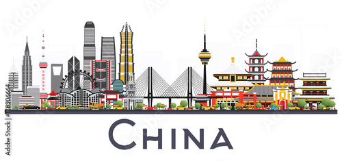 China City Skyline Isolated on White Background. Famous Landmarks in China.