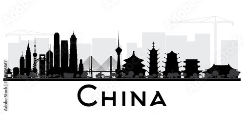 China City skyline black and white silhouette.