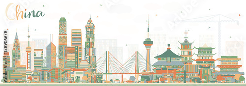 China City Skyline. Famous Landmarks in China. Vector Illustration.