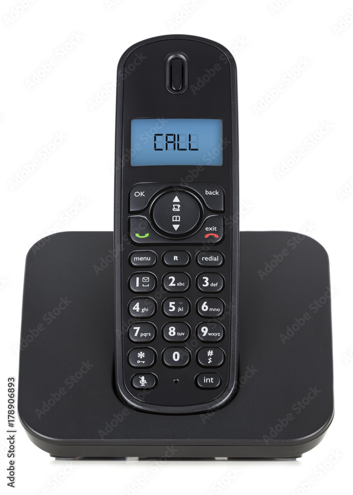 Black cordless phone. Call message on the screen Black cordless phone. Call message on the screen