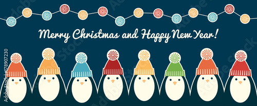 Vector retro styled illustration of eight penguins in colorful knit hats with pompoms standing in a row under lights. Long horizontal web banner. Greeting text 'Merry Christmas and Happy New Year!'. 