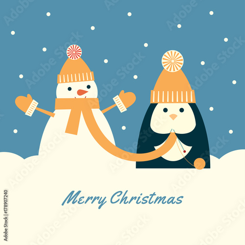 Vector retro styled illustration of a penguin in a cap with pompom knitting a very long scarf for a snowman. Greeting card with text 'Merry Christmas'. Square format.