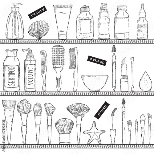 Vector hand drawn illustration. Design elements for different decoration needs. Shelves full of cosmetics and skin care.