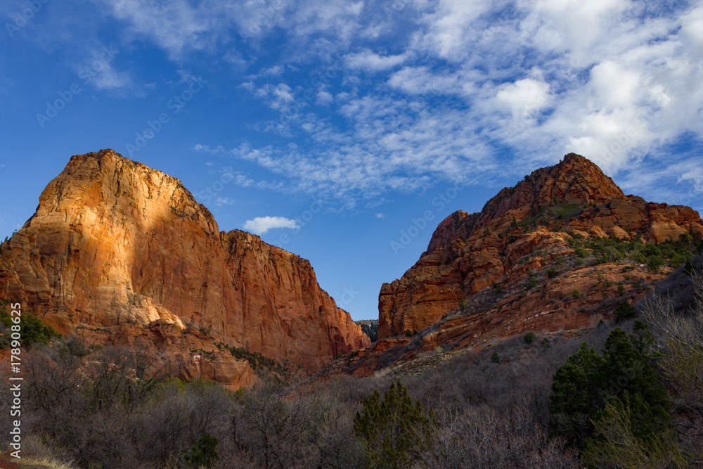 Beautiful sun lit Kolob Canyons, a section of Zion National Park, in the early winter.