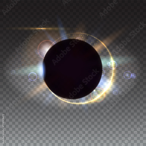 Digital Solar eclipse. Light rays and lens flare backdrop. Glow light effect. Star burst with sparkles. Abstract, bright, motion square background, isolated on transparent.