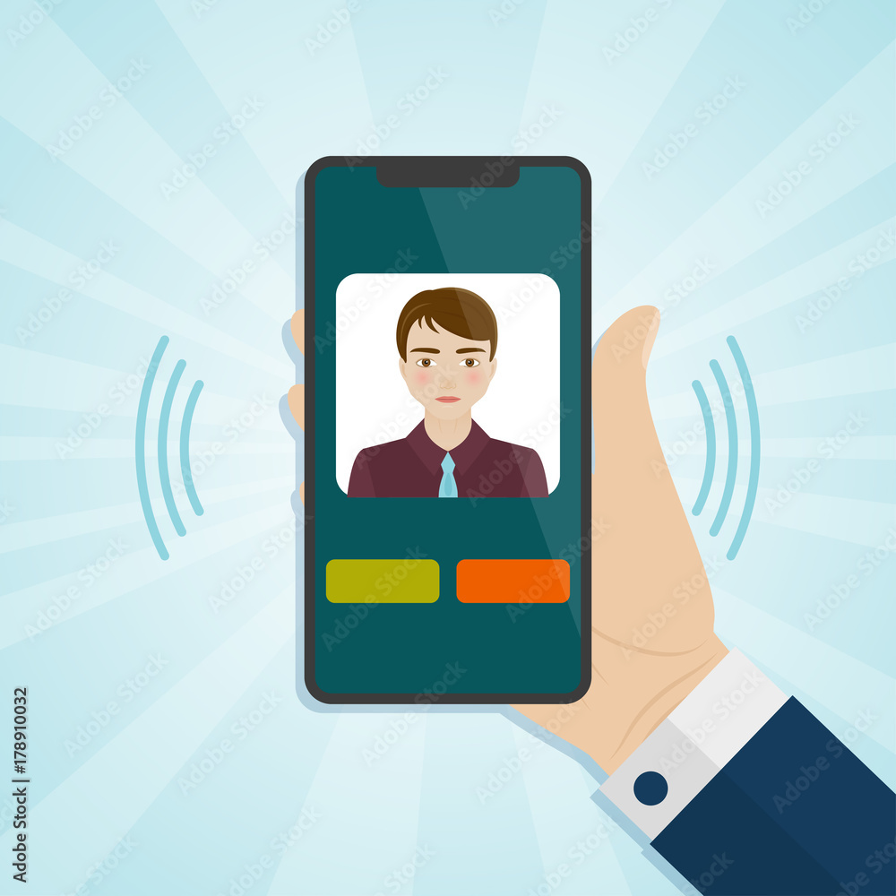 Hand holding smartphone with caller on a screen. Vector illustration. Hand holding smartphone with caller on a screen. Vector illustration.