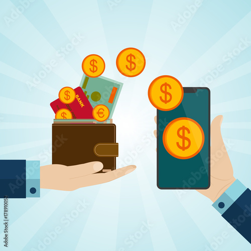 Pay or make money online concepts. Hands holding wallet with cash and phone. Vector illustration