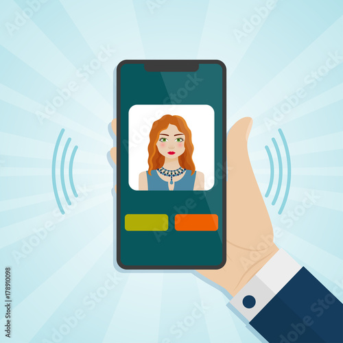Hand holding smartphone with caller on a screen. Vector illustration.